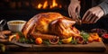 thanksgiving day, large baked turkey on a wooden table, hands cutting the twine on the legs, banner