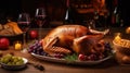 thanksgiving day, large roasted turkey on a plate, with grapes and wine, banner