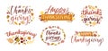 Thanksgiving day lettering. Happy thanks giving card typography, autumn holiday celebrating banner with orange leaf