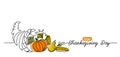 Thanksgiving Day line art background with horn of plenty, cornucopia and vegetables. Simple vector web banner. One