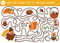 Thanksgiving Day maze for children. Autumn holiday preschool printable activity. Fall labyrinth game or puzzle with cute bird, Royalty Free Stock Photo