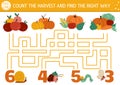 Thanksgiving Day maze for children. Autumn holiday preschool printable counting activity. Fall labyrinth game or math puzzle with