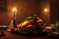 Thanksgiving Day in New York. Christmas dinner with a turkey in a cozy house. Holiday. Illustration for advertising postcards and Royalty Free Stock Photo