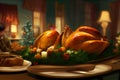 Thanksgiving Day in New York. Christmas dinner with a turkey in a cozy house. Holiday. Illustration for advertising postcards and Royalty Free Stock Photo