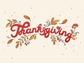 Thanksgiving Day nice lettering with autumn leaves. Design for banner, sales, greeting card. Red and orange palette