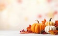 Thanksgiving Day With Pumpkins, Pine Cones And Maple Leaves On Light Bokeh Lights Background. Autumn Composition With Copy Space.