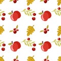 Thanksgiving Day seamless pattern. Vector illustration with turkey, pumpkins, red berries, autumn leaves, scarecrow, sunflowers,