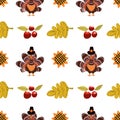 Thanksgiving Day seamless pattern. Vector illustration with turkey, pumpkins, red berries, autumn leaves, scarecrow, sunflowers,