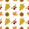 Thanksgiving Day seamless pattern. Vector illustration with turkey, pumpkins, red berries, autumn leaves, scarecrow, sunflowers,