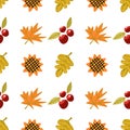 Thanksgiving Day seamless pattern. Vector illustration with turkey, pumpkins, red berries, autumn leaves, scarecrow, sunflowers,