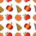 Thanksgiving Day seamless pattern. Vector illustration with turkey, pumpkins, red berries, autumn leaves, scarecrow, sunflowers,