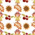 Thanksgiving Day seamless pattern. Vector illustration with turkey, pumpkins, red berries, autumn leaves, scarecrow, sunflowers,