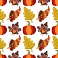 Thanksgiving Day seamless pattern. Vector illustration with turkey, pumpkins, red berries, autumn leaves, scarecrow, sunflowers,