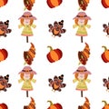 Thanksgiving Day seamless pattern. Vector illustration with turkey, pumpkins, red berries, autumn leaves, scarecrow, sunflowers,