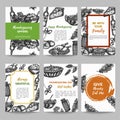 Thanksgiving day set of cards collection hand drawn vector illustration with autumn elements, food Vintage retro style