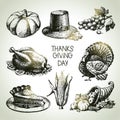 Thanksgiving Day set. Hand drawn vintage illustrations