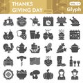 Thanksgiving Day solid icon set, autumn holiday symbols collection or sketches. Autumn harvest celebration glyph style Royalty Free Stock Photo