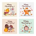 Thanksgiving day square templates with cute animals. Mouse, fox, turkey and hedgehog. Set of thanksgiving cards with