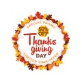 Thanksgiving day super sale. 50% off typography badge with autumn fall dry leaf frame vector illustration.