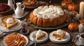 Thanksgiving day table at dessert time, with cranberries and slices of pumpkin pie with whipped cream topping Royalty Free Stock Photo