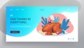 Thanksgiving Day Traditional Meal Website Landing Page. Tiny Female Character Standing on Ladder Salt Huge Baked Turkey