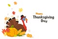 Thanksgiving Day. Turkey bird in a hat with pumpkin and corn on a white background, space for text. Character