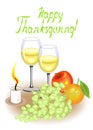 Thanksgiving Day. Two glasses of white wine and a candle. Vintage fruits, apple, grapes and orange. Vector illustration Royalty Free Stock Photo