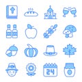 Thanksgiving day vector glyph icons set. Modern blue symbols. Collection of traditional holiday elements Royalty Free Stock Photo