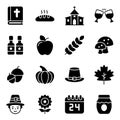 Thanksgiving day vector glyph icons set. Modern glyph symbols. Collection of traditional holiday elements Royalty Free Stock Photo