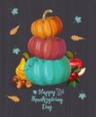 Thanksgiving day. Vector greeting card with autumn fruit, vegetables, pumpkins, leaves and flowers. Harvest festival Royalty Free Stock Photo