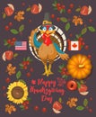 Thanksgiving day. Vector greeting card with turkey, with autumn fruit, vegetables, pumpkins, leaves and flowers. Harvest festival Royalty Free Stock Photo