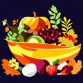 Thanksgiving day vector illustration. Autumn fruits, vegetables and berries in a bowl. Generative AI Royalty Free Stock Photo