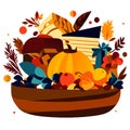 Thanksgiving day vector illustration. Autumn harvest. Fall leaves, pumpkins, berries, nuts, fruits,  generative AI Royalty Free Stock Photo