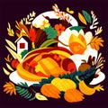 Thanksgiving day. Vector illustration of a turkey, pumpkins and autumn leaves. Generative AI