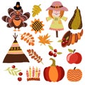 Thanksgiving Day vector set with turkey, pumpkins, fall leaves, berries,scarecrow, wigwam, indian decoration. Holiday flat Royalty Free Stock Photo