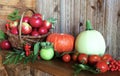 Thanksgiving Day. vegetarian food. harvesting autumn harvest in a village on a farm on a wooden background. Royalty Free Stock Photo