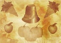Thanksgiving Day in vintage. Hat, pumpkin, turkey apples and grapes on a background of watercolor.