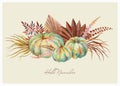 Watercolor Boho Fall Floral Blue Pumpkins Bouquet.