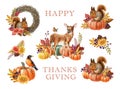 Thanksgiving decor elements with forest animals. Vintage style watercolor illustration. Hand drawn Thanksgiving festive Royalty Free Stock Photo