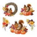 Thanksgiving decor elements with red squirrel. Vintage style watercolor illustration. Hand drawn Thanksgiving festive Royalty Free Stock Photo