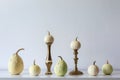 Thanksgiving decoration. Minimal autumn inspired room decoration. Selection of various pumpkins on white shelf. Royalty Free Stock Photo