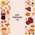 Thanksgiving design with holiday symbols turkey, pumpkin, pie Royalty Free Stock Photo