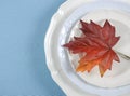 Thanksgiving dining table elegant place setting with autumn leaf with copy space. Royalty Free Stock Photo