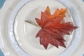 Thanksgiving dining table elegant place setting with autumn leaf
