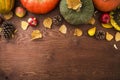 Thanksgiving dinner. Autumn fruits, vegetable with plate and cutlery. Thanksgiving autumn background. Flat lay, top view Royalty Free Stock Photo