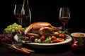 Thanksgiving dinner background with delicious turkey and appetizing dishes