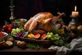 Thanksgiving dinner background with delicious turkey and appetizing dishes