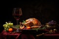 Thanksgiving dinner background with delicious turkey and appetizing dishes