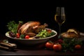 Thanksgiving dinner background with delicious turkey and appetizing dishes