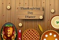 Thanksgiving dinner background with turkey and all sides dishes, pumpkin pie, fall leaves and seasonal autumnal decor on wooden